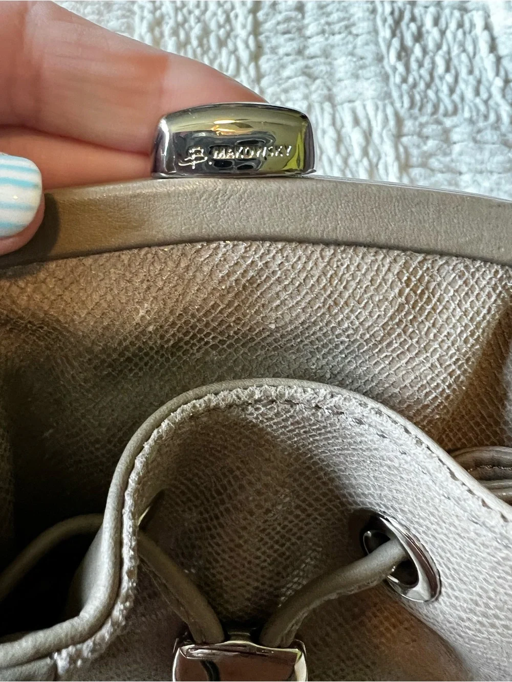 b. makowsky Taupe Pebbled Drawstring middle clasp Crossbody